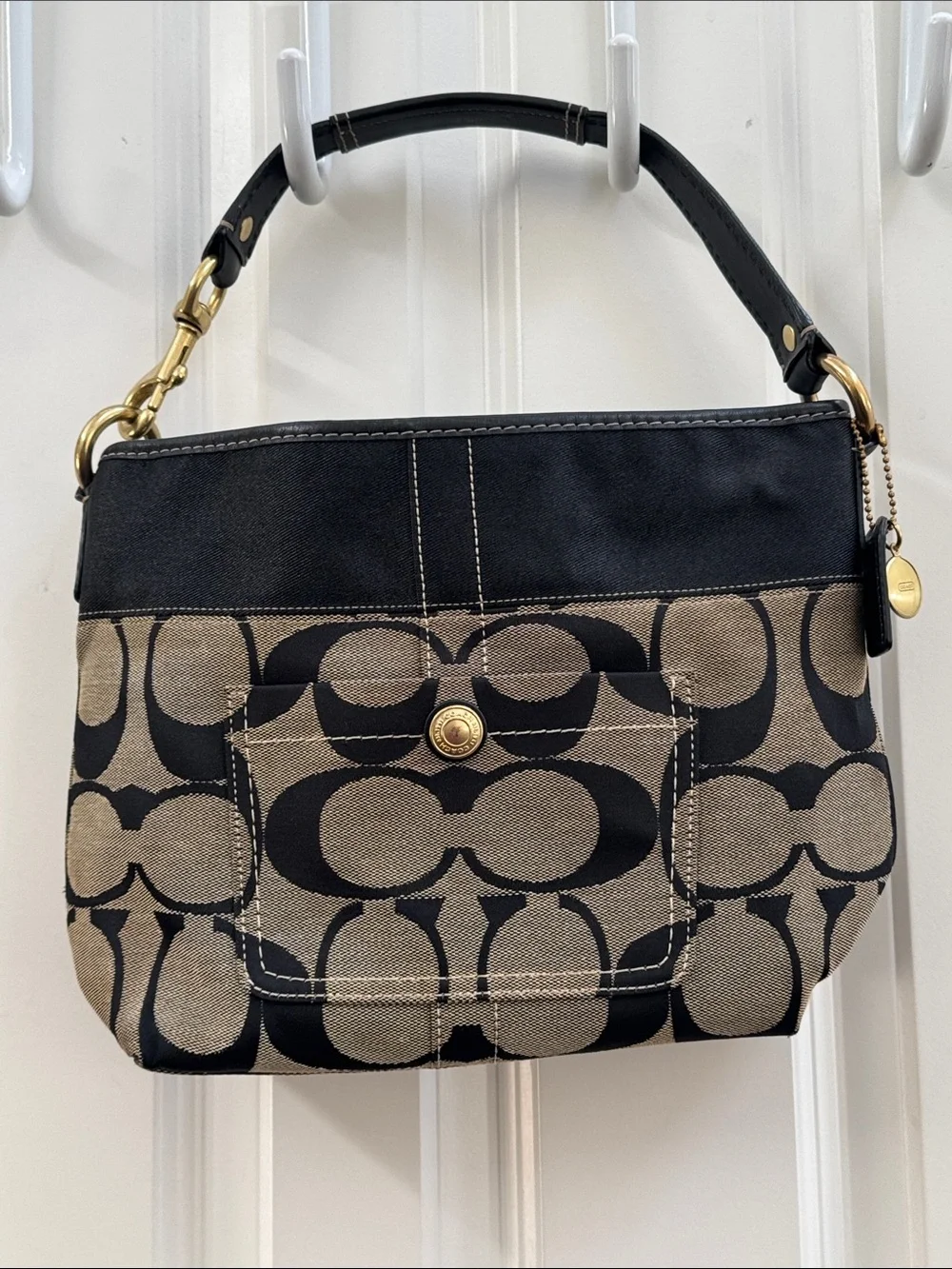 Coach Black and Khaki Signature Canvas Shoulder Bag